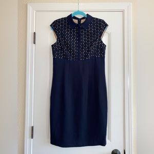 Ann Taylor Navy Blue Tan Eyelet Floral Bodice Sheath Dress SZ 8 VGUC